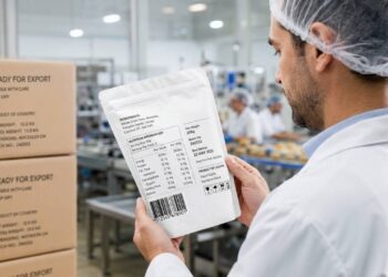 An illustrative image of an export or quality officer inside a food factory reviewing a product’s food label in English.